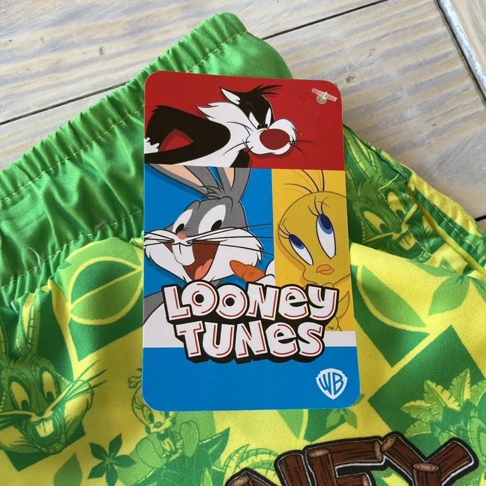 LOONEY TUNES Tiki Swim Trunks Taz Daffy Bugs Mens Neon Green Yellow NEW XL